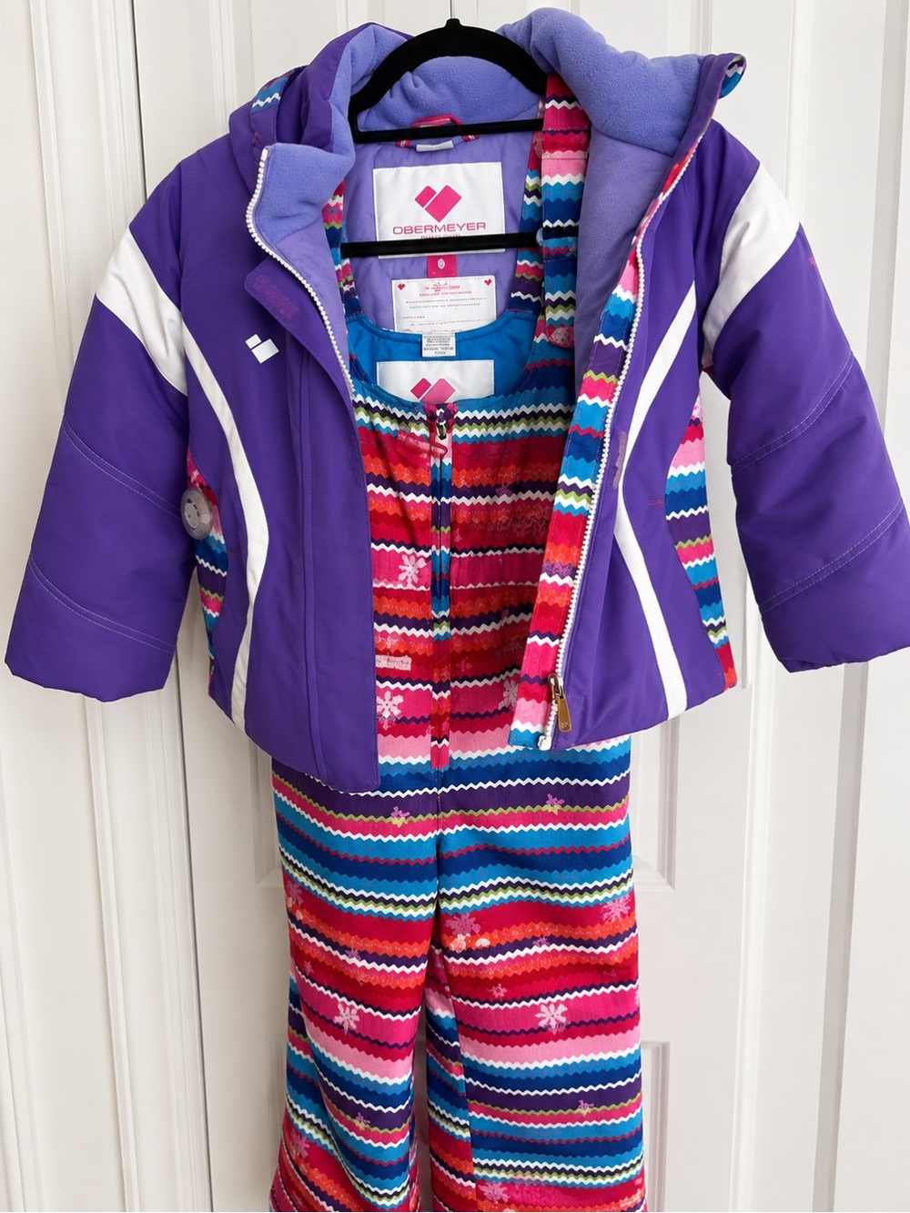 Obermeyer Purple Kids Puffer Jacket with Multicolor Chevron Snow Bibs